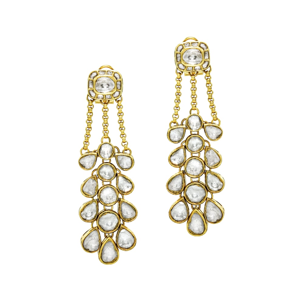 Cascading Polki Earrings with Teardrop Rows and Chain Links